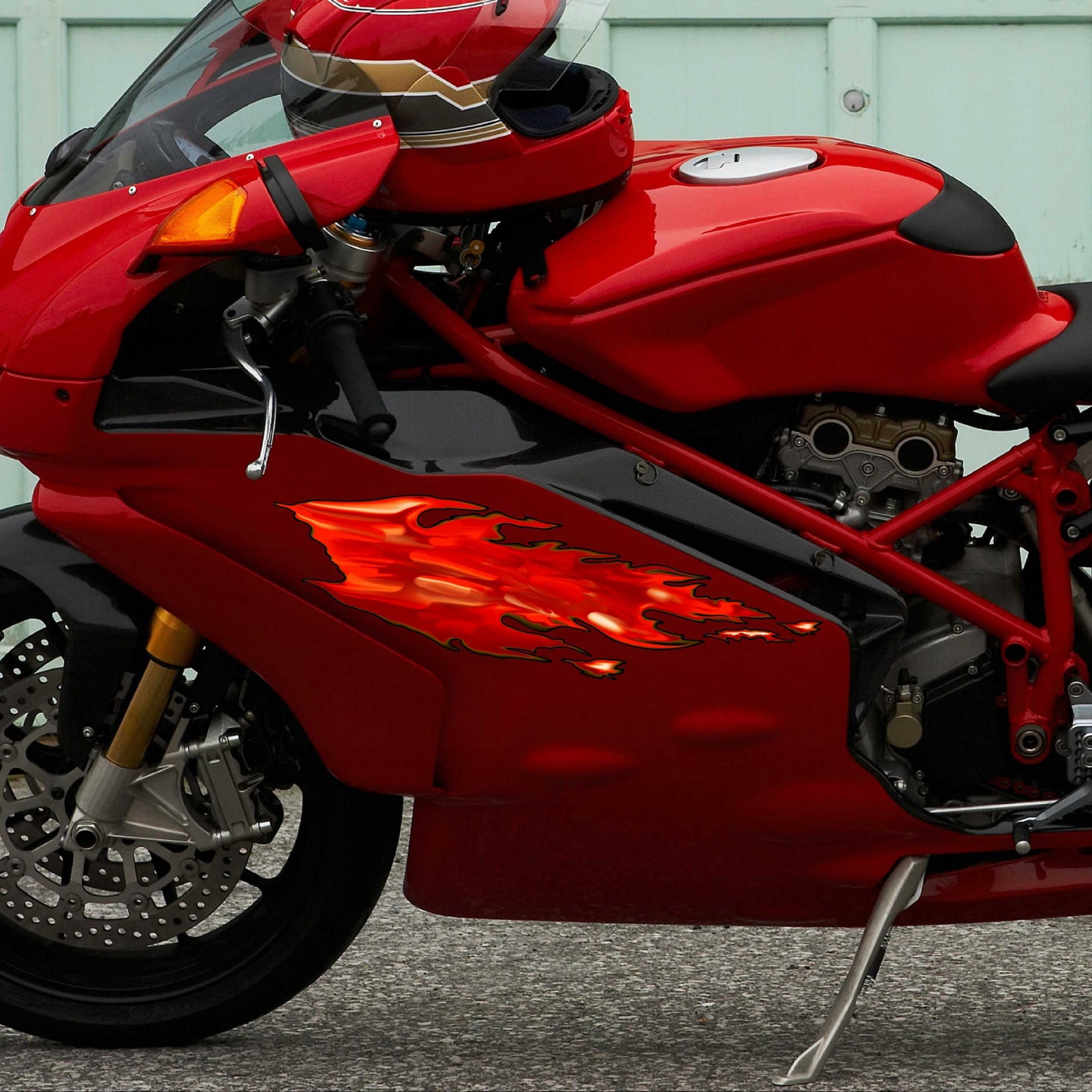 fire flames Decals on the side of racing Motorbike