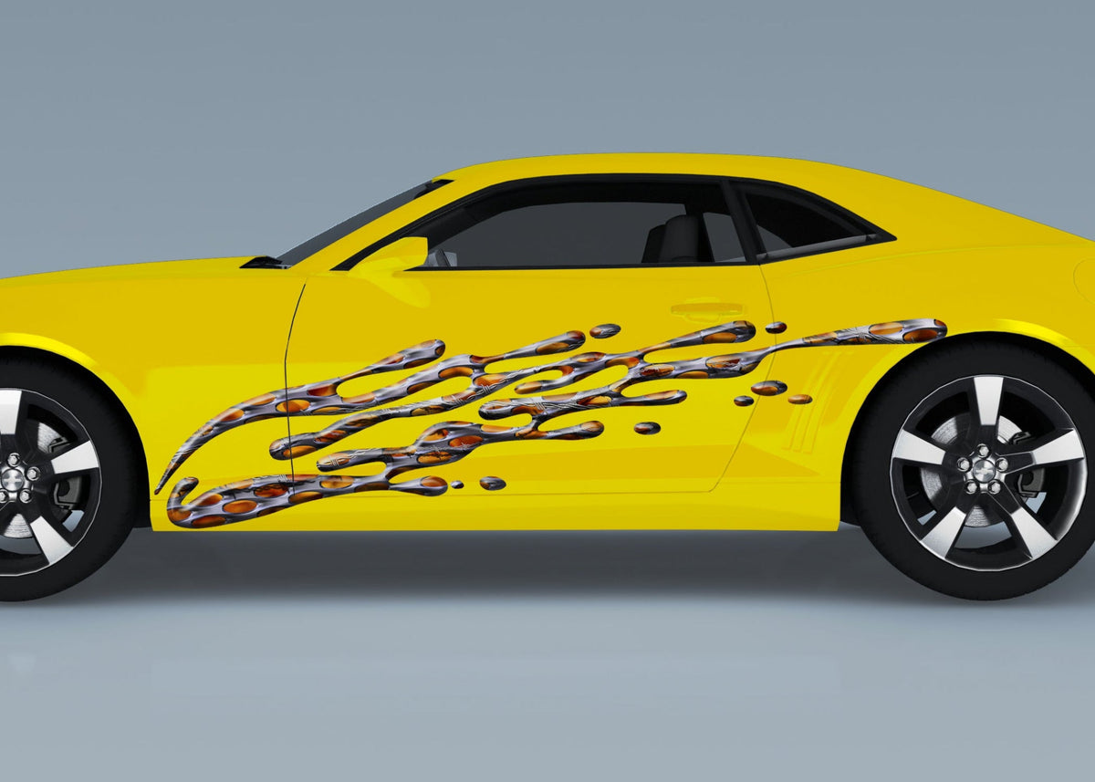 flaming style mud splash decal on the side of yellow camaro