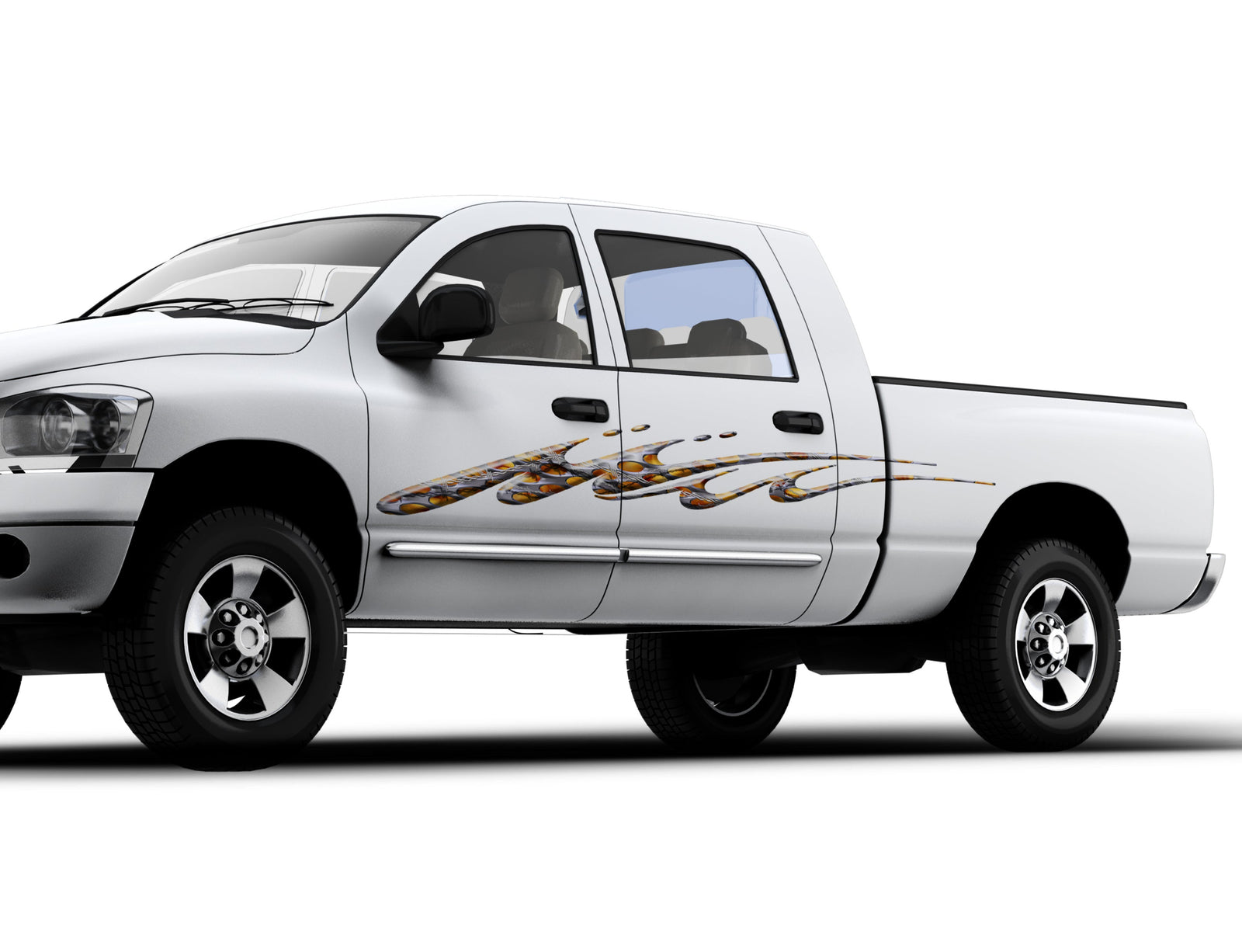 flaming metal graphic stripe on white truck 