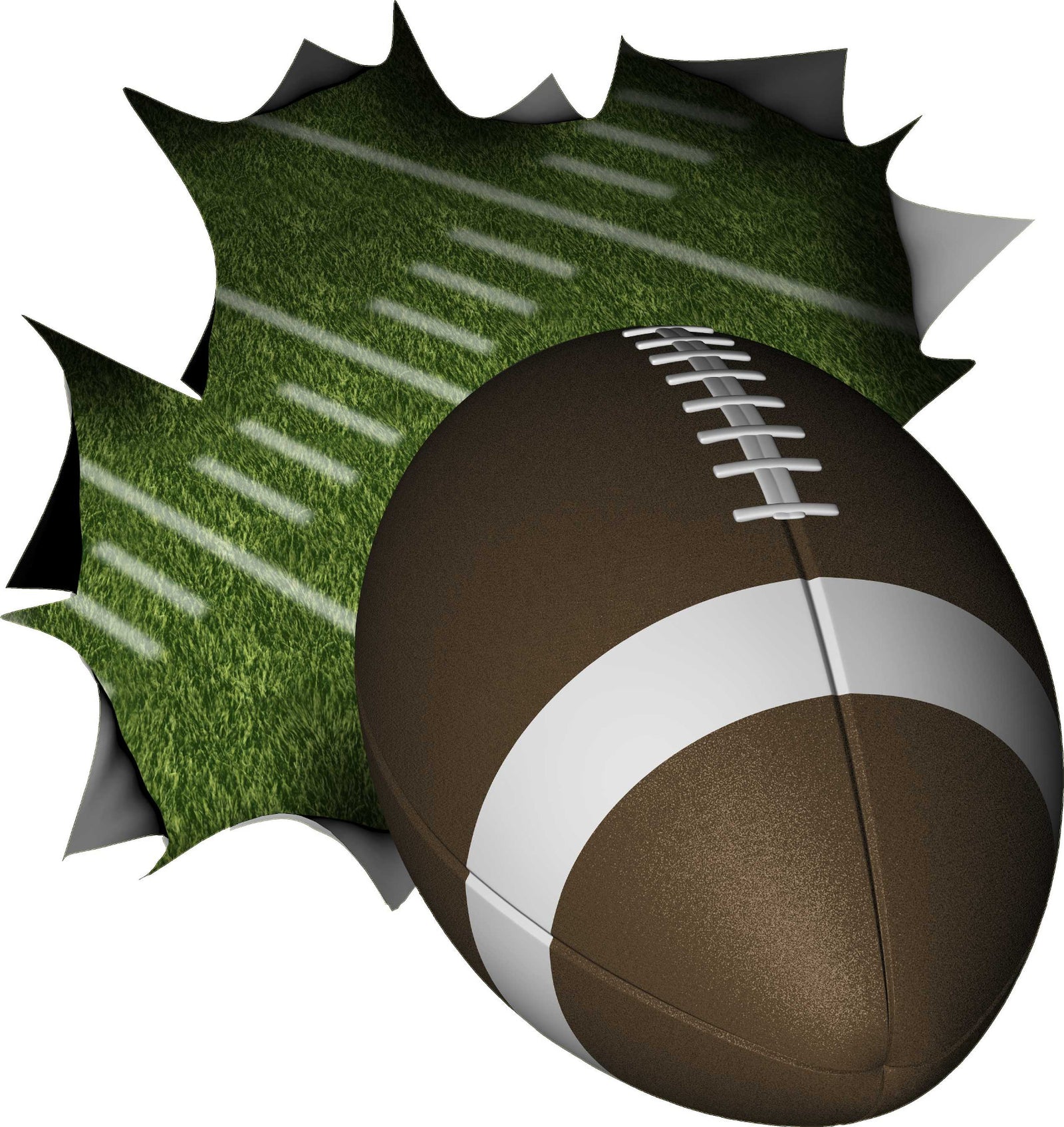 White truck with a football tearing out of the back of tailgate decal