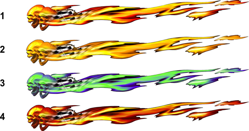 Four different colored ghost flames on a white background, numbered 1 to 4 .
