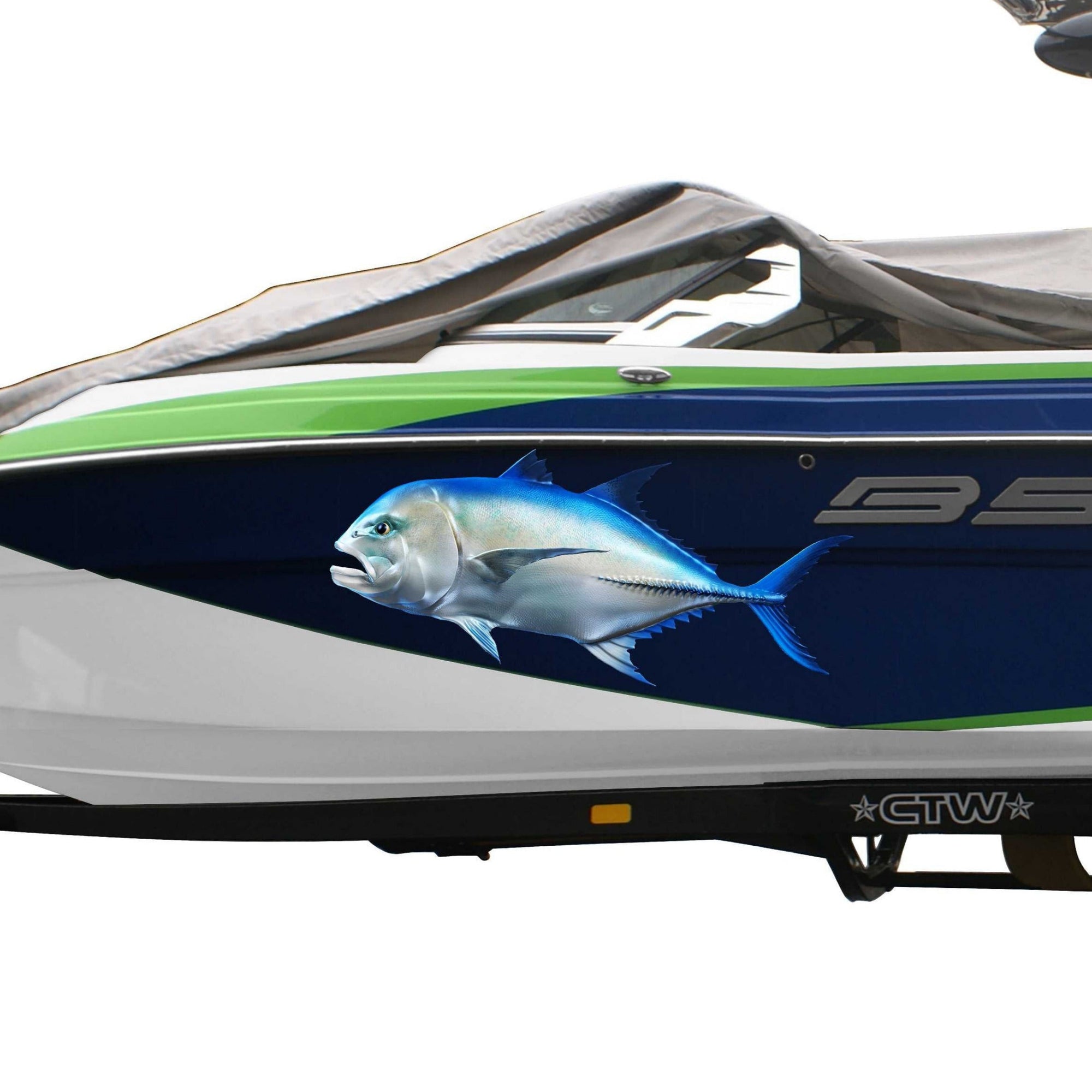 Giant travelly large  fish decal on the side of boat