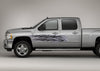 gray pickup with metal style blaze flames decal on driver side