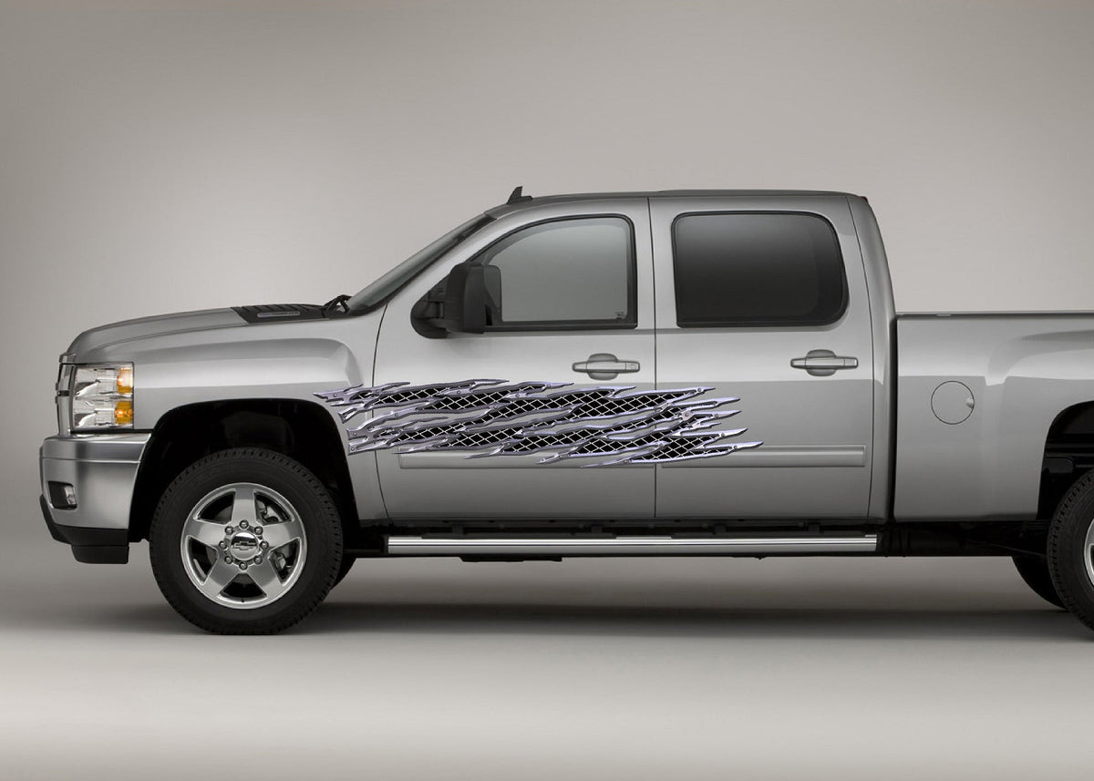 gray pickup with metal style blaze flames decal on driver side