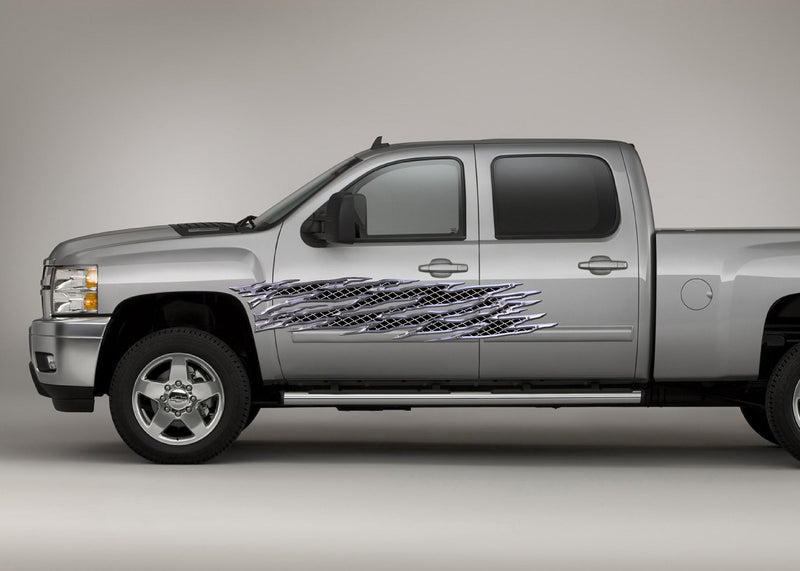 gray pickup with metal style blaze flames decal on driver side