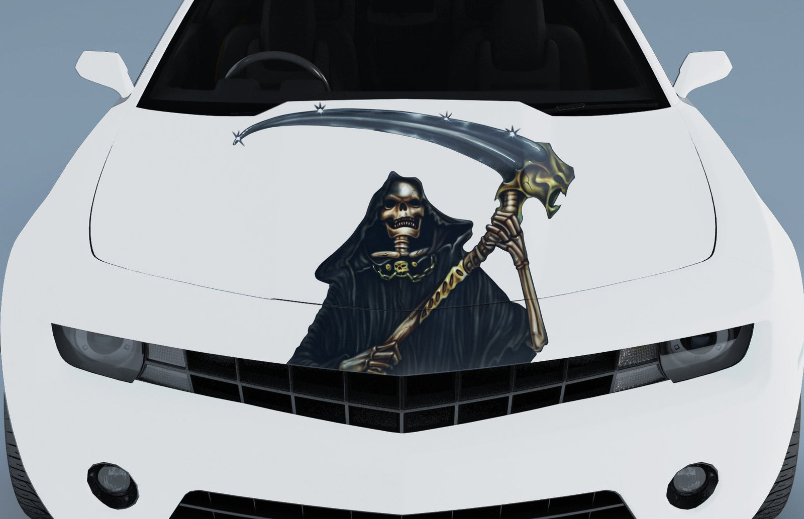 White Camaro hood with grim reaper scythe vinyl decal centered on the hood, dark airbrushed look