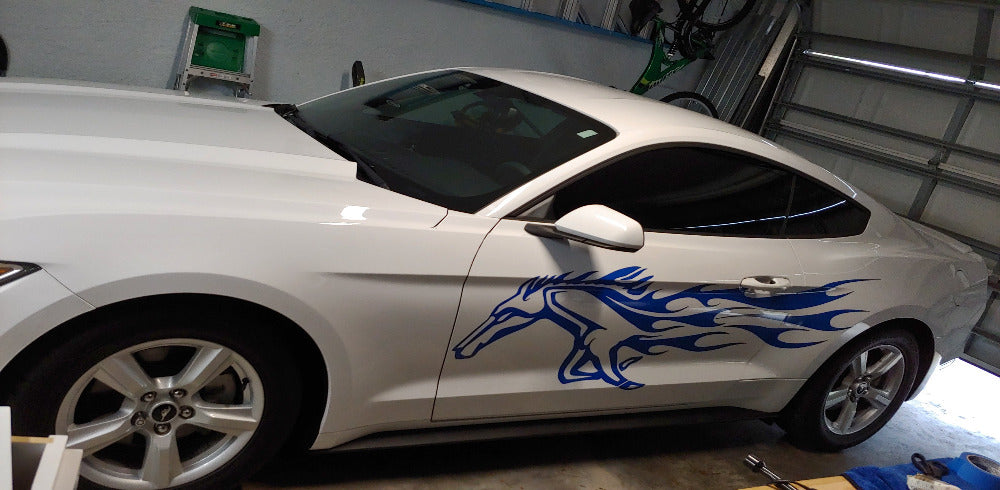 horse blue vinyl decal flames on white mustang car