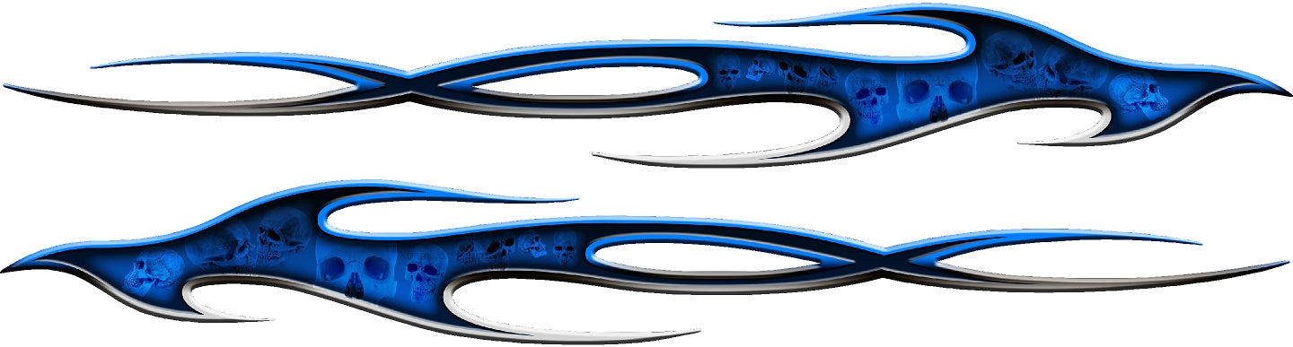 inflame skulls graphic decal on the side of blue truck