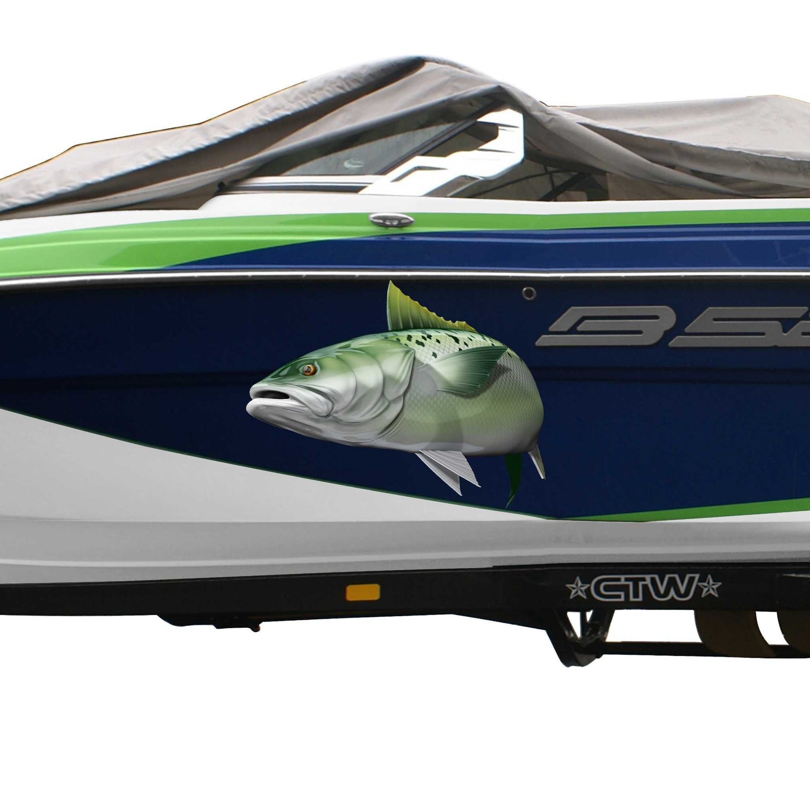 kahawai fish decal on the side of white bass boat