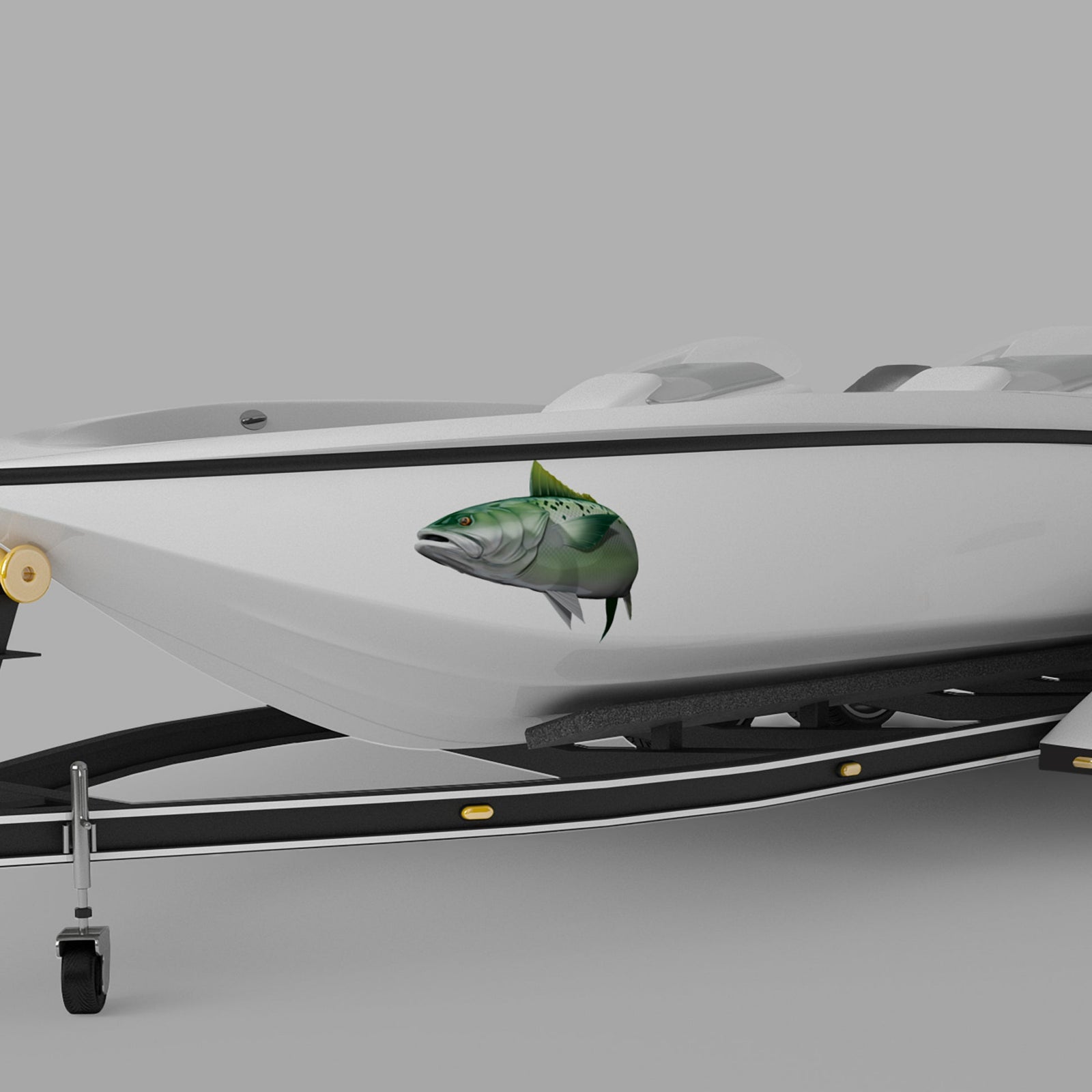 kahawai fish decal on the side of white bass boat