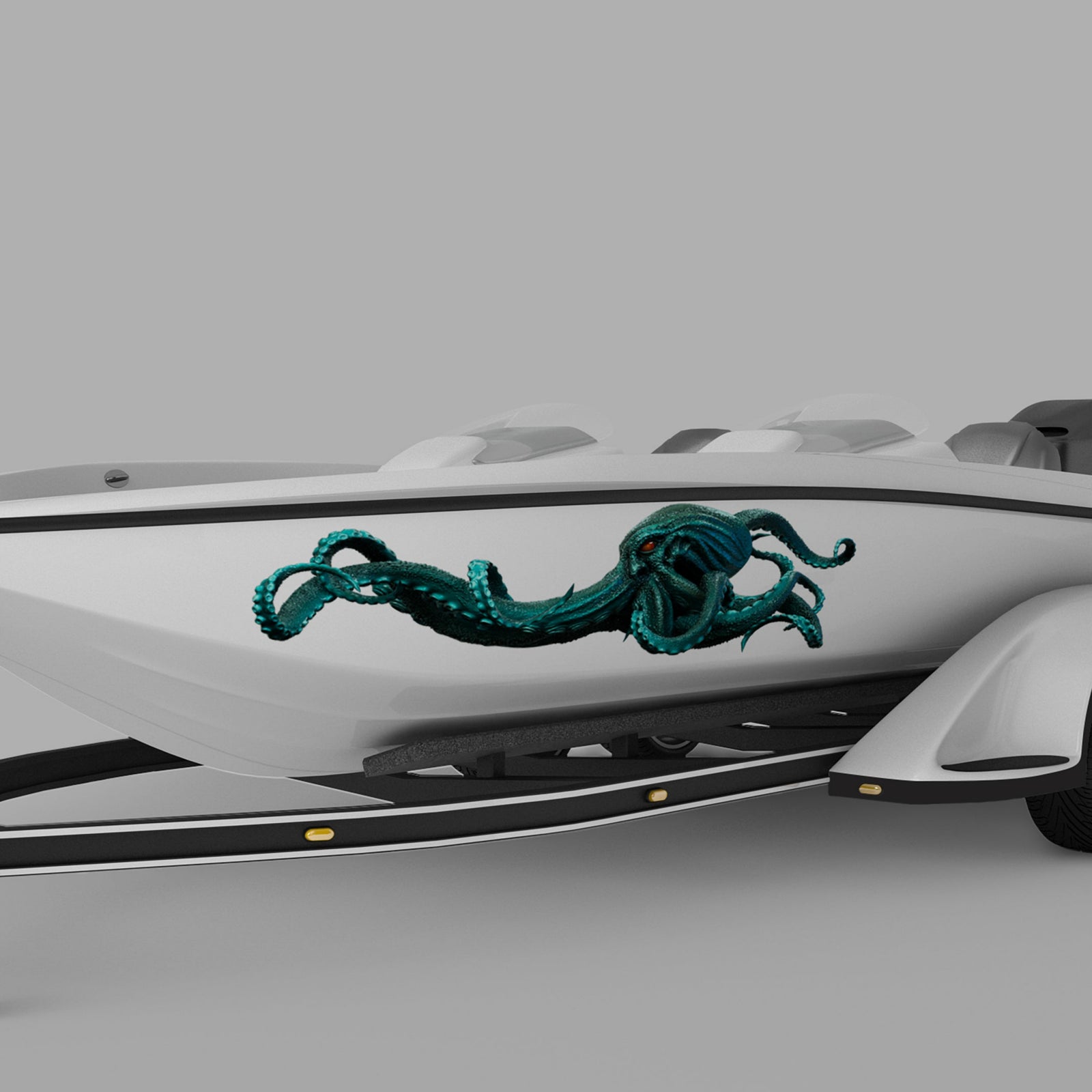 kraken sea monster vinyl graphics on the side of a white boat