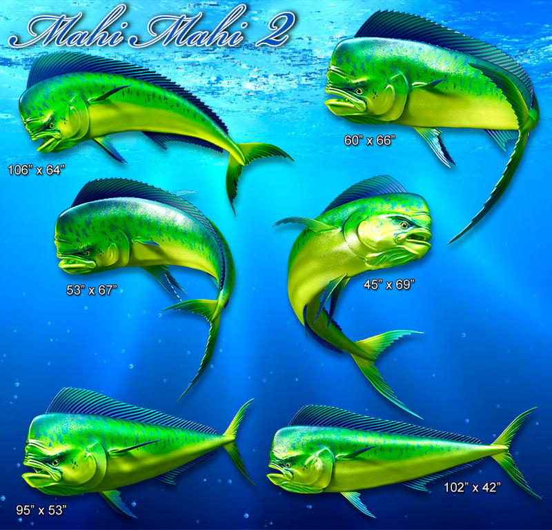 Illustrations of mahi mahi fish decals in different poses with size specifications on a blue underwater background.