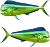 Two green Mahi Mahi fish decals kit with blue fins on a white background