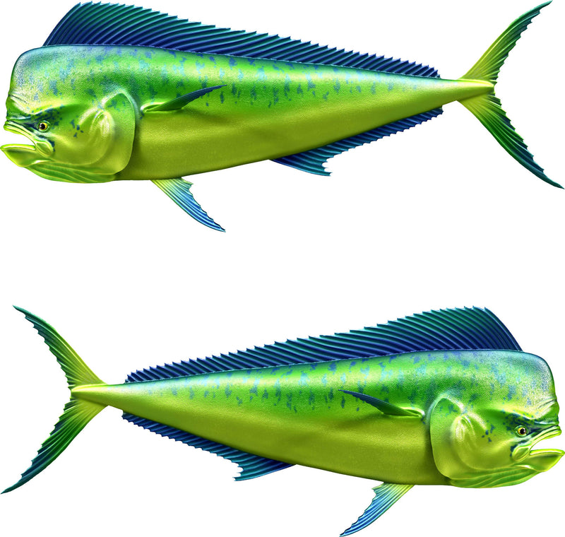 Two green Mahi Mahi fish decals kit with blue fins on a white background