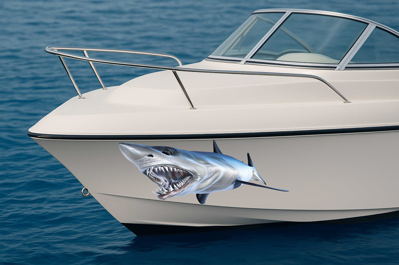 Mako shark vinyl decal on the side of boat