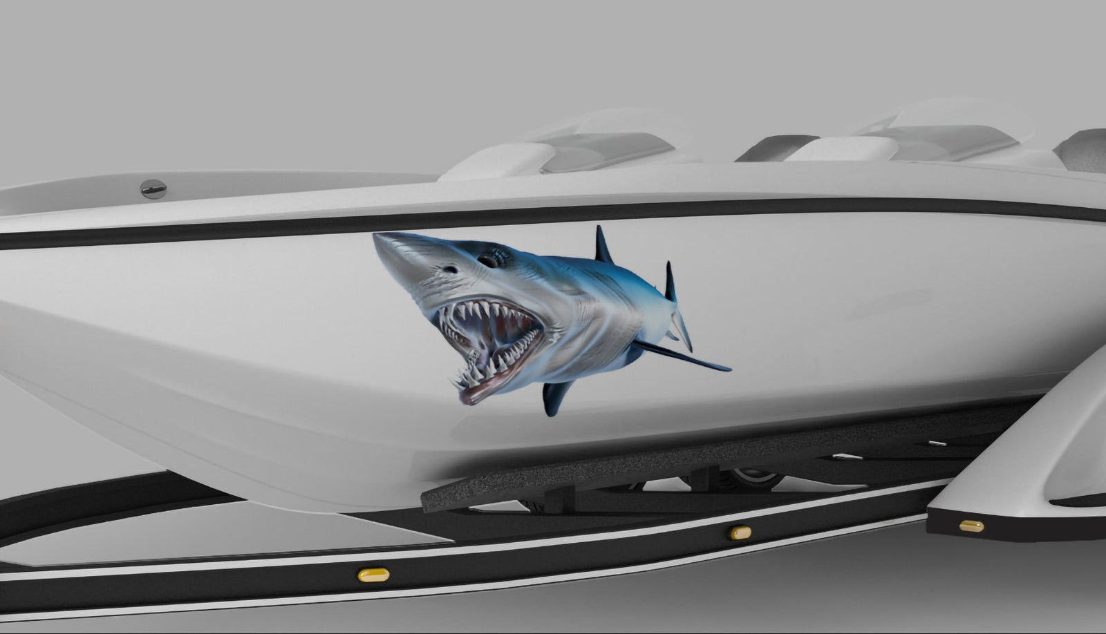 mako shark open mouth showing sharp teeth decal on white boat