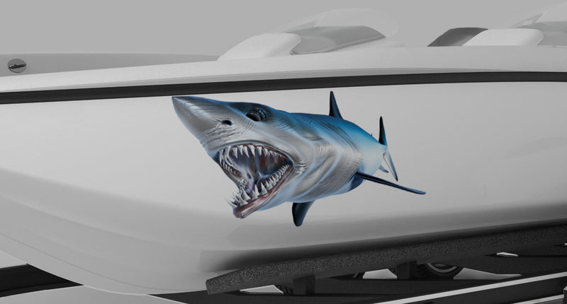mako shark vinyl graphic on white boat 