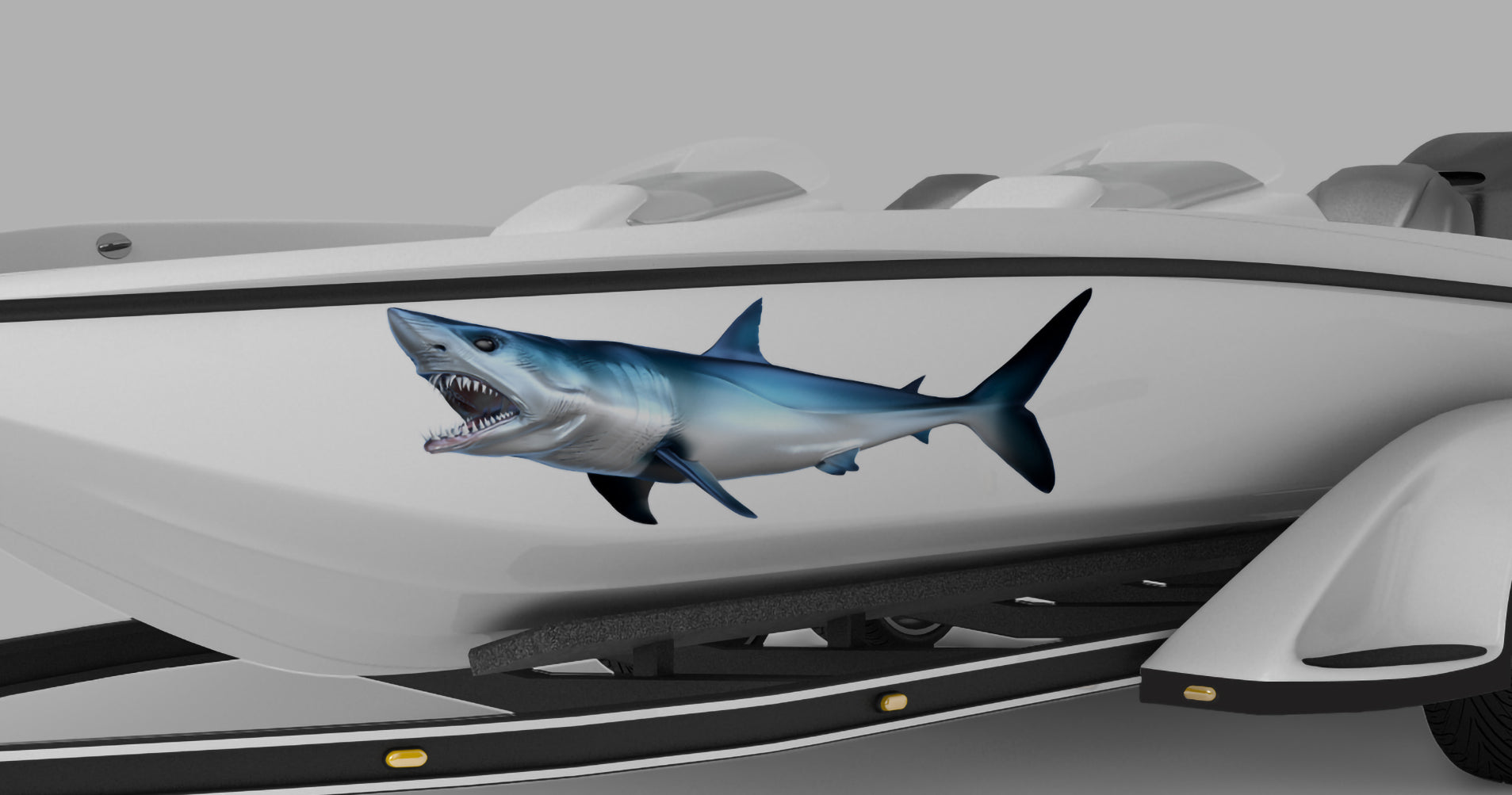 mako shark large decal on the side of bass boat
