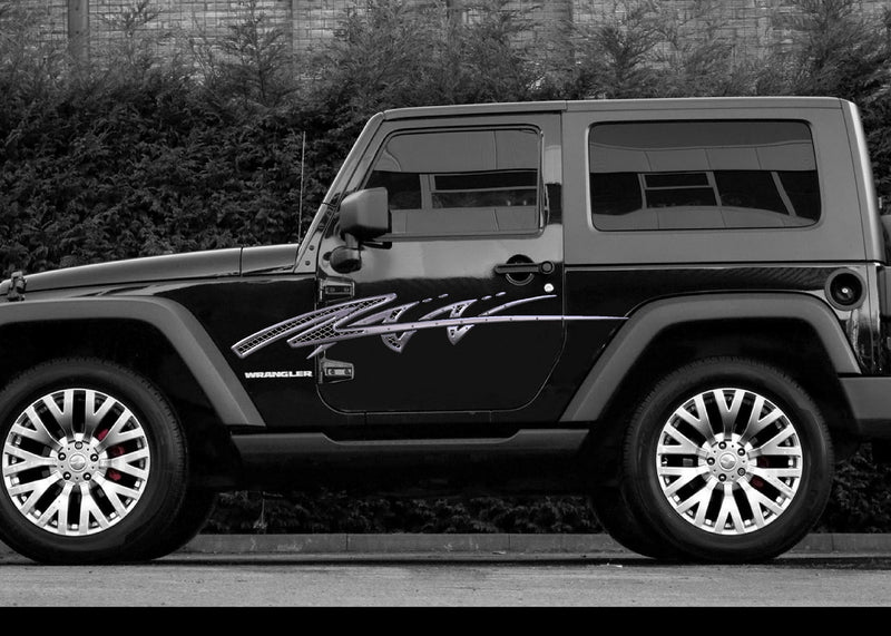 black jeep wrangler with metal style spear arc vinyl graphics on driver side