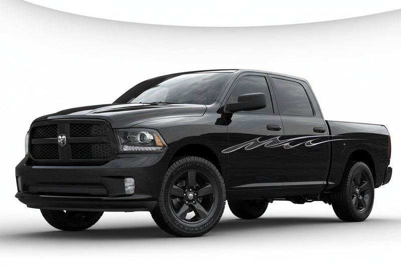 black ram truck with metal style mud splash vinyl decal on driver side
