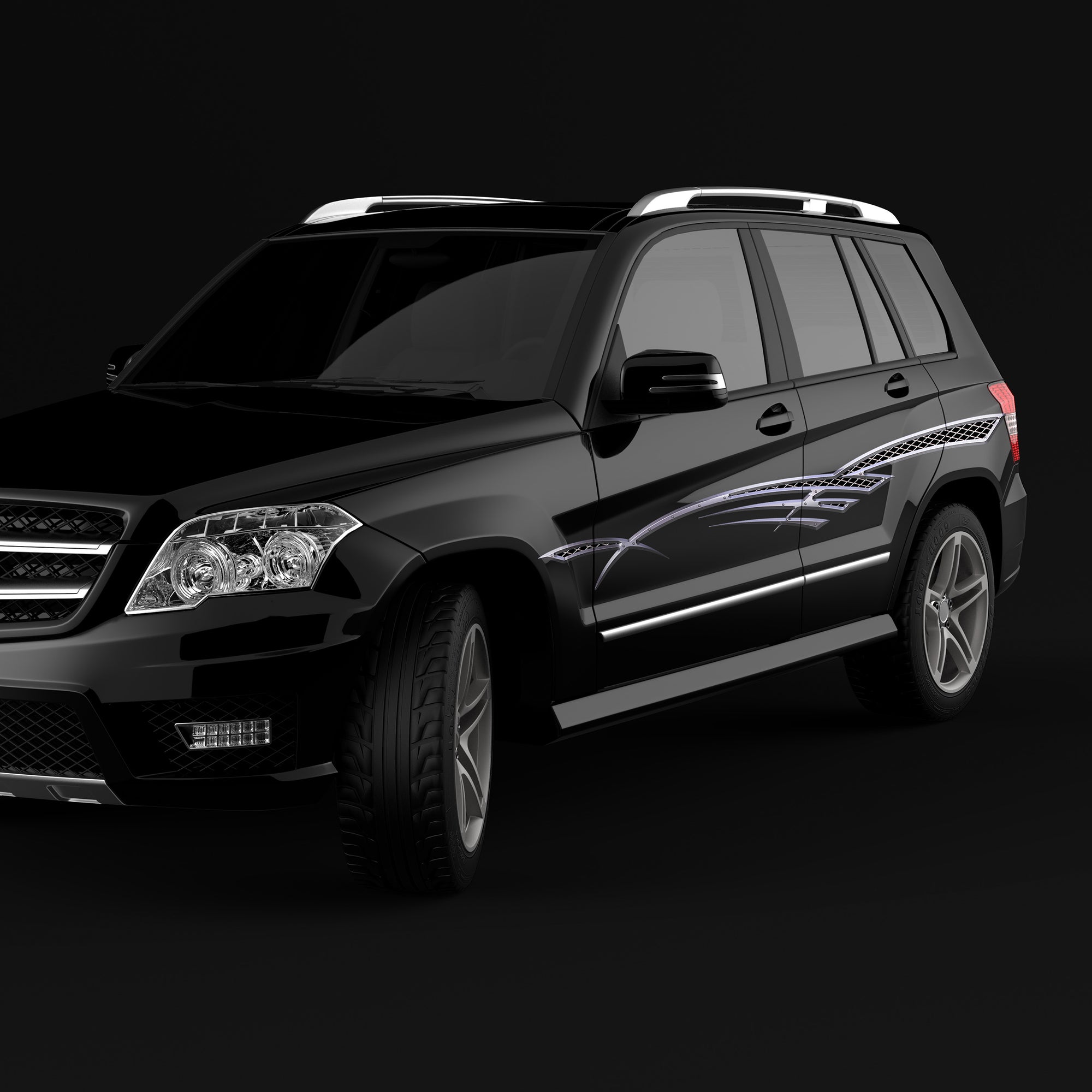 metal style vinyl graphic stripes on the side of black suv