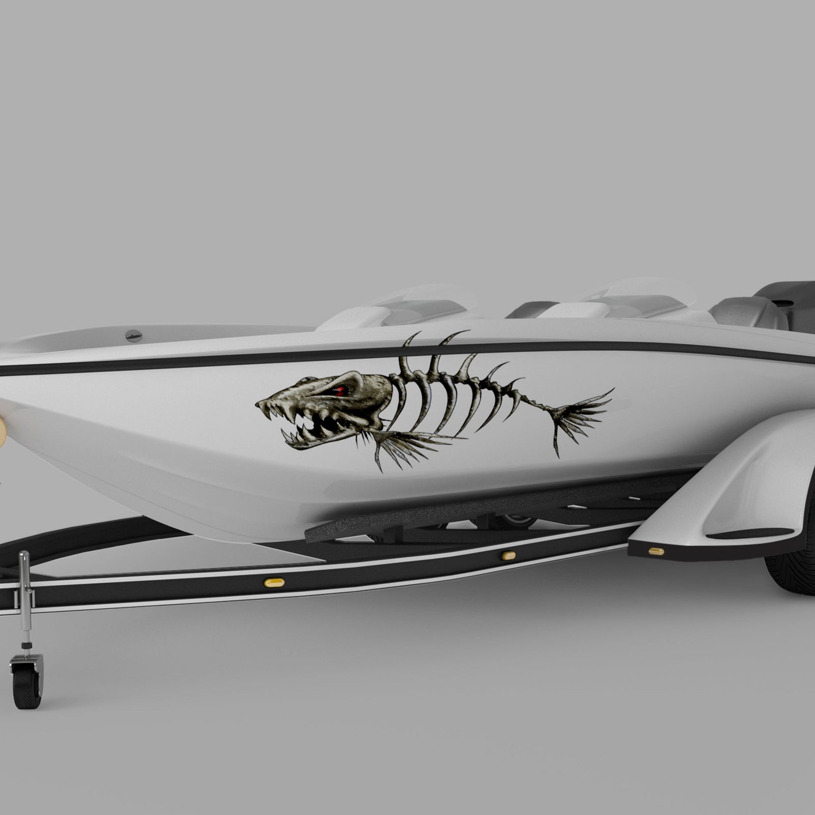 Monster fish bone decals on the side of white boat