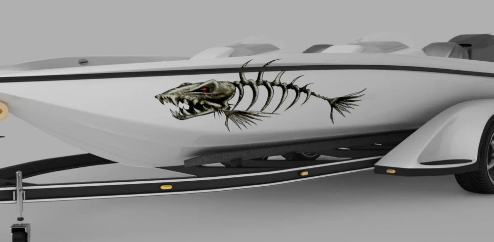 monster bone fish decal on the side of boat