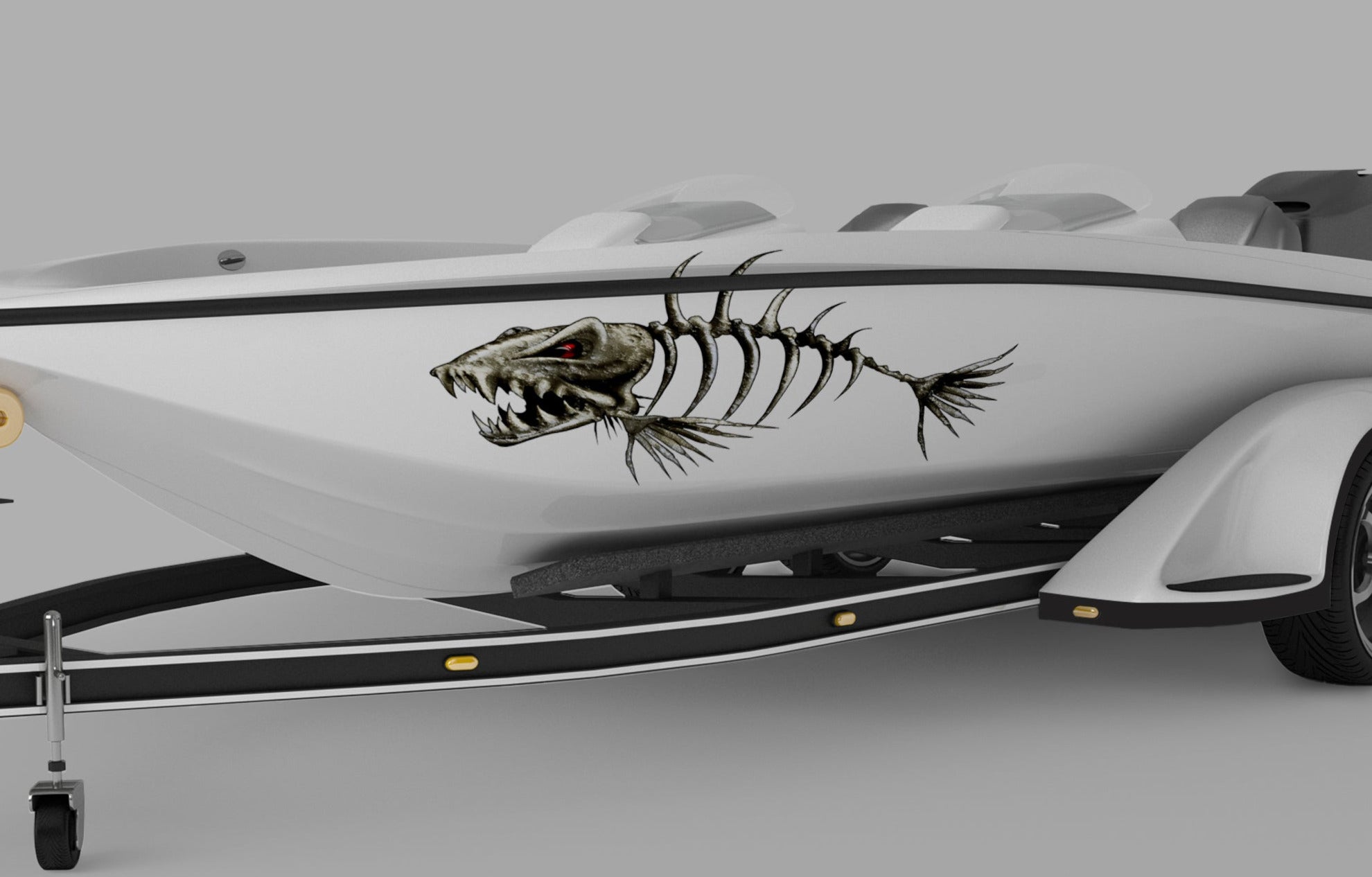 Monster fish vinyl decals on the side off white boat