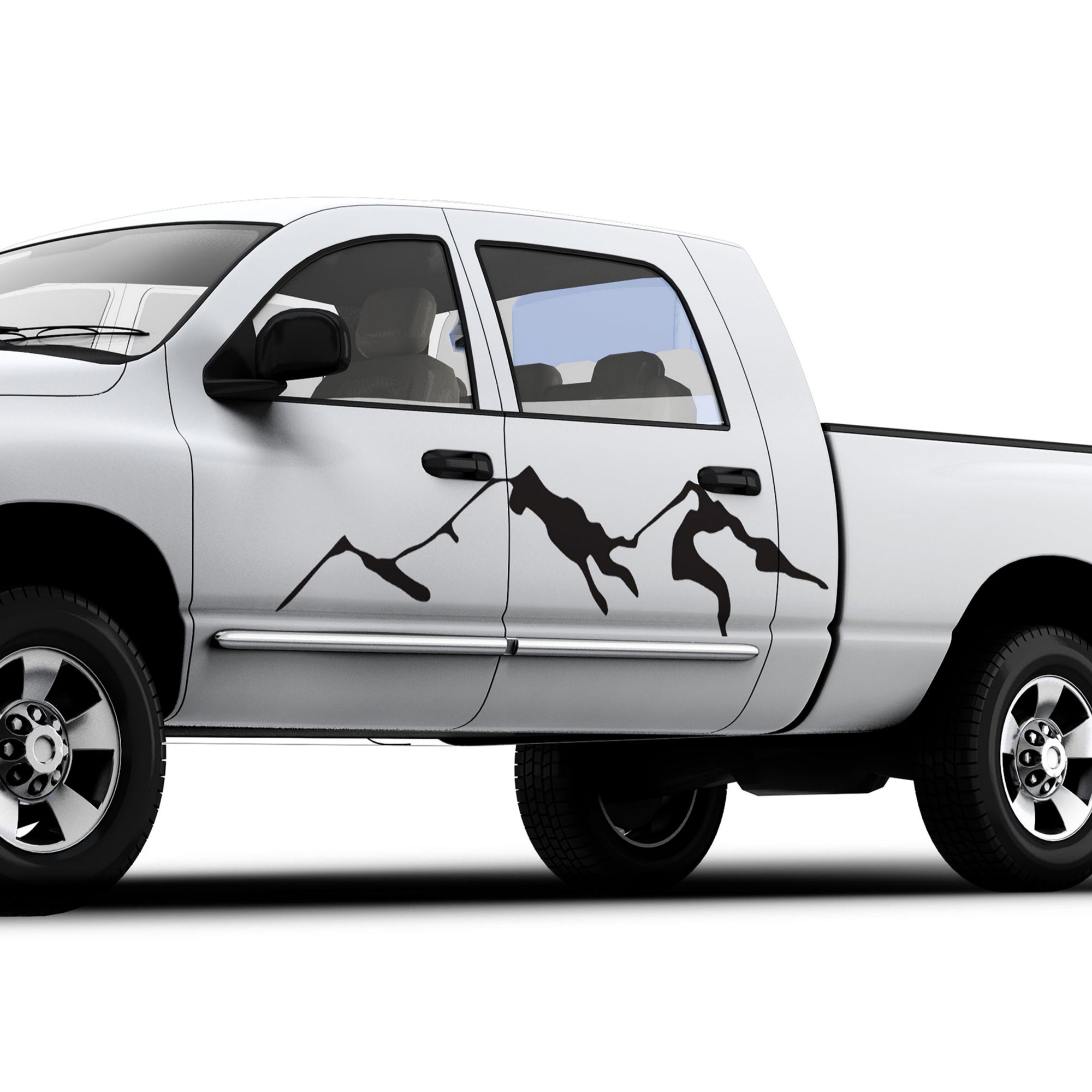 Orange off-road Rubicon Jeep with black mountain decals on its side