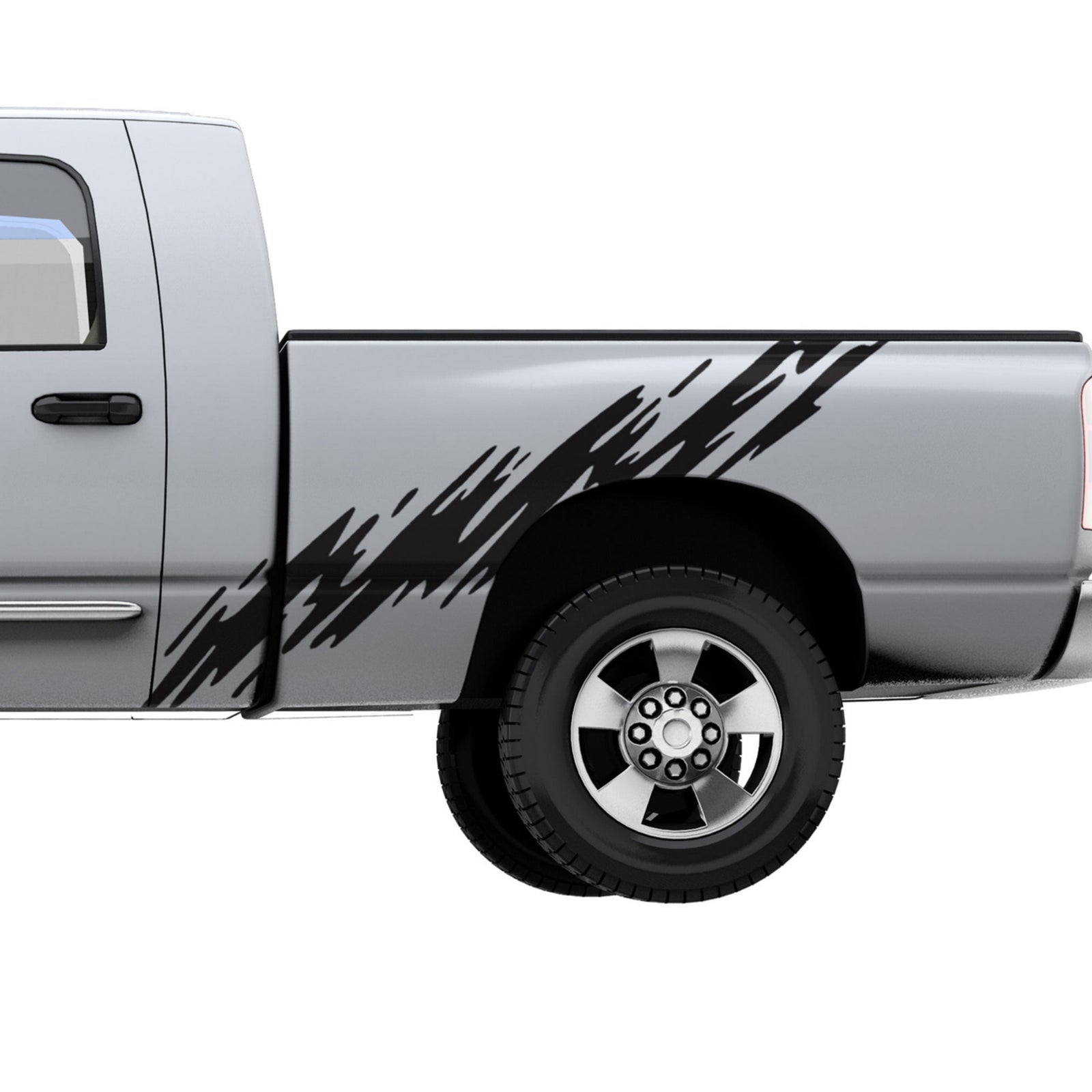 mud splash black decal on the bed of white pickup truck side view
