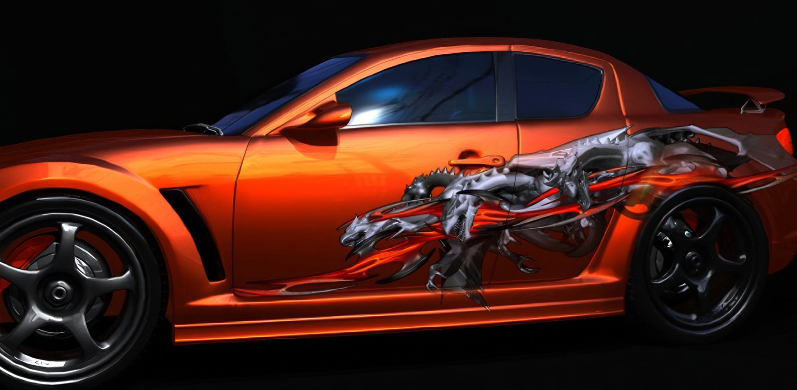 orange coupe sports car with tribal dragons on its driver side