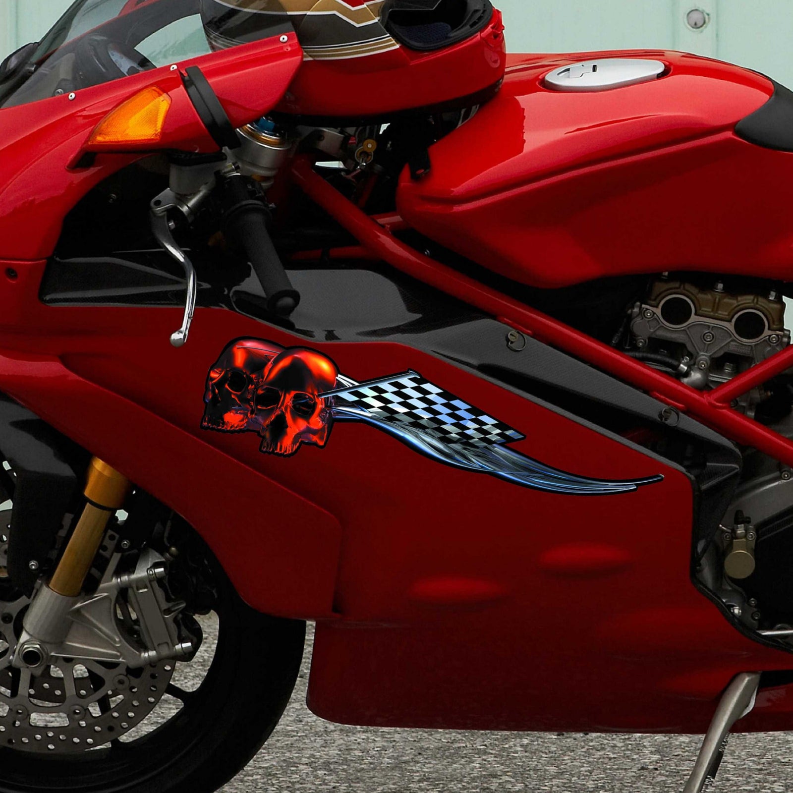 chrome racing skulls decals on black motorcycle