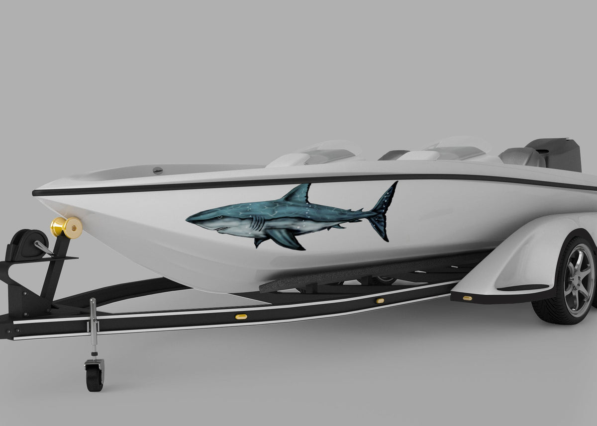 speed boat with great white shark vinyl decal on port side