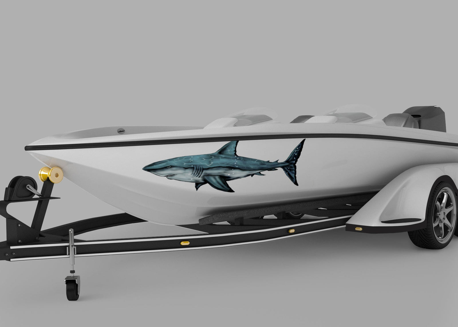 speed boat with great white shark vinyl decal on port side