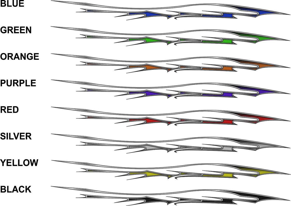 Sike carbon-fiber stripe decals — 8 color options (blue, green, orange, purple, red, silver, yellow, black) with silver outline, mirrored left/right