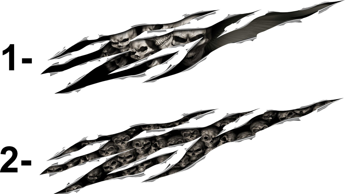 two skulls big rip decals styles to choose from, numbered 1 and 2