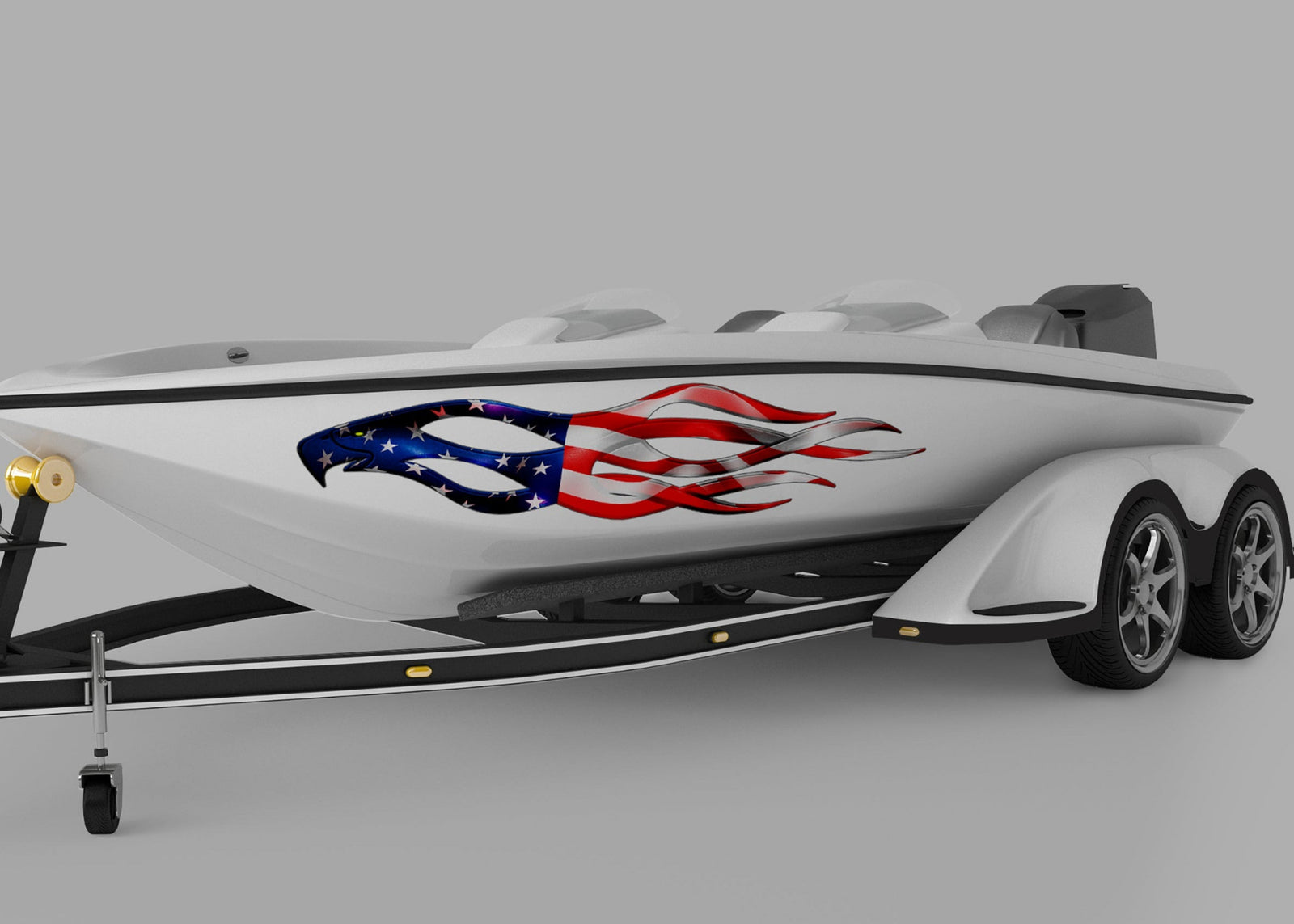 speed boat with American flag eagle Flames vinyl graphics on port side