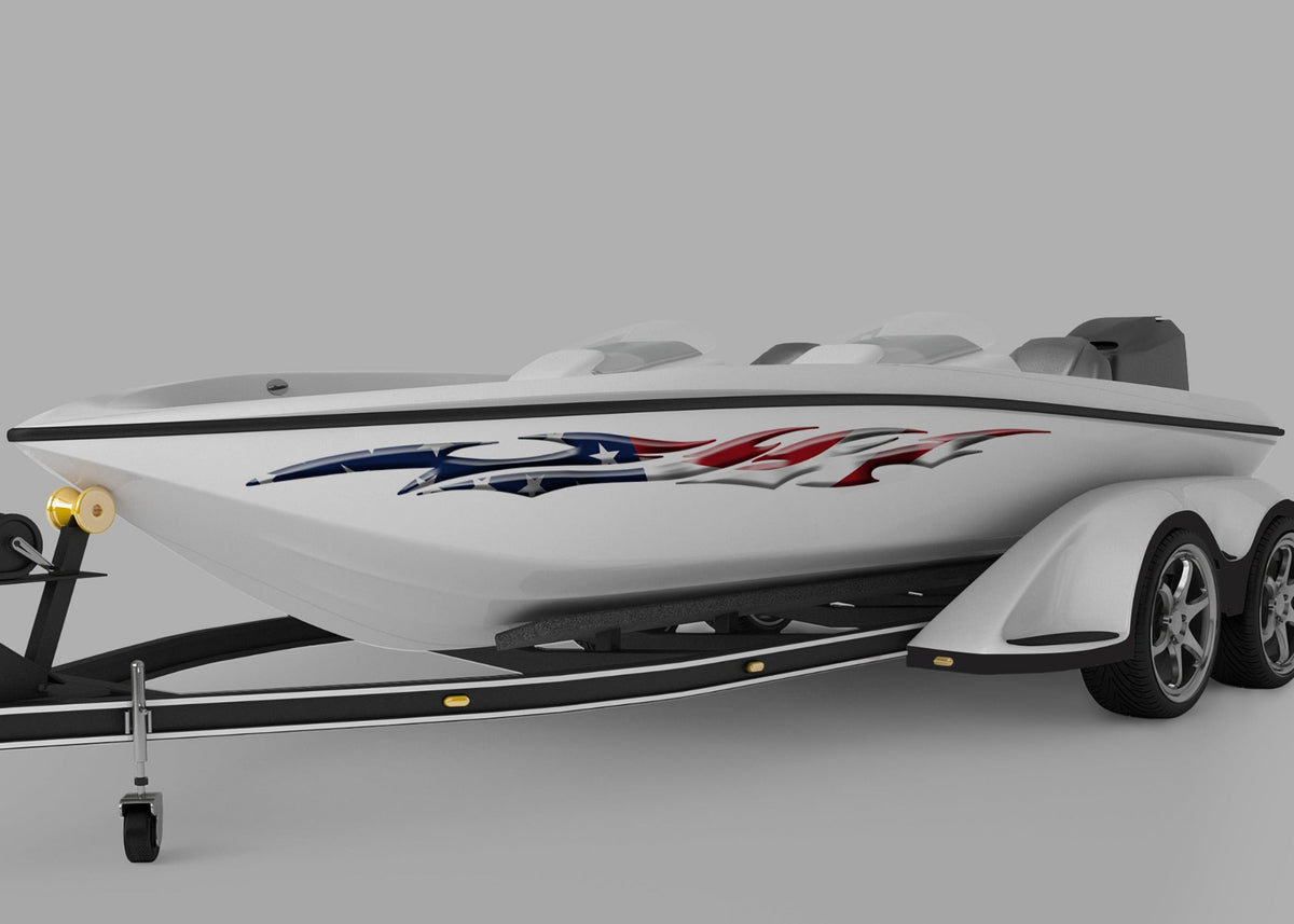 speed boat with American flag flames stripe vinyl graphics on port side