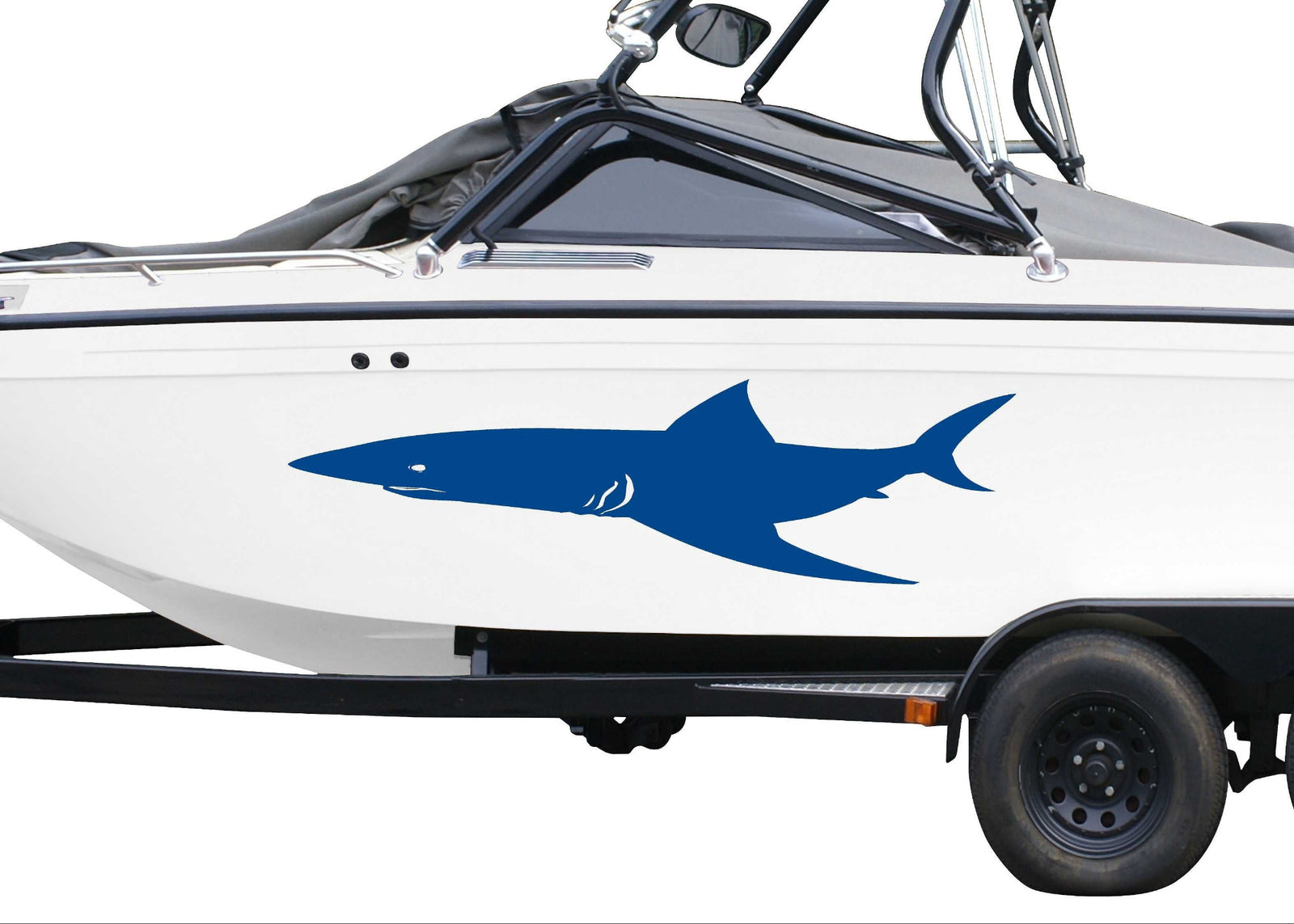 speed boat with Blue Shark Silhouette vinyl graphics on port side