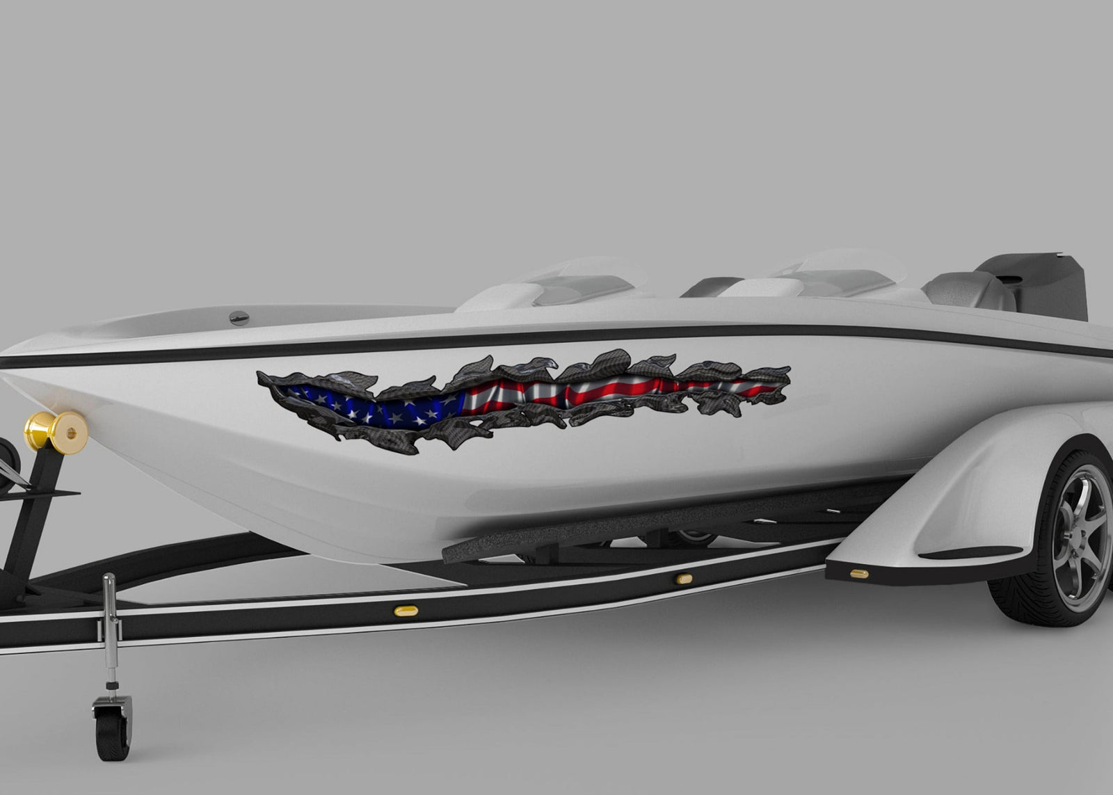 speed boat with american flag carbon fibre tear vinyl graphics on port side