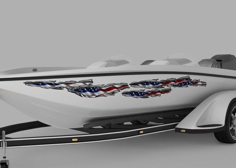 speed boat with American flag tears vinyl graphics on port side