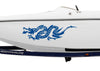White boat with a blue dragon decal on a white background