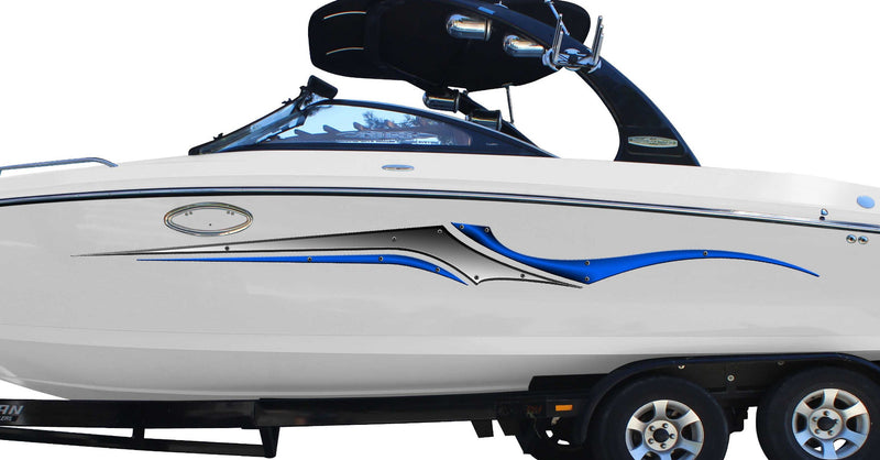 speed boat with blue silver blade decal on port side
