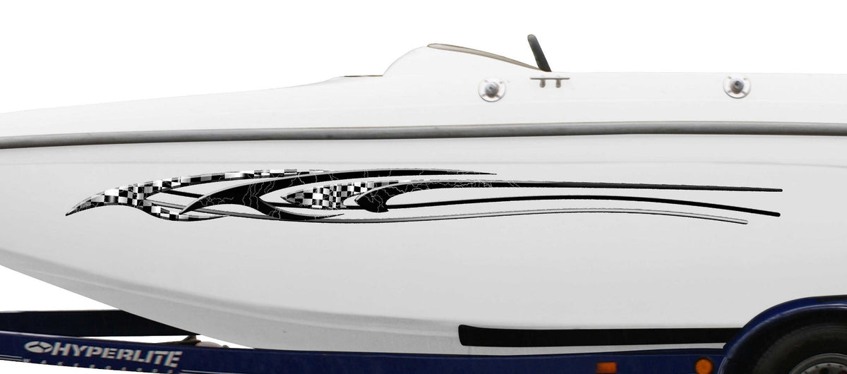 speed boat with checkered flag lightning vinyl graphics on port side