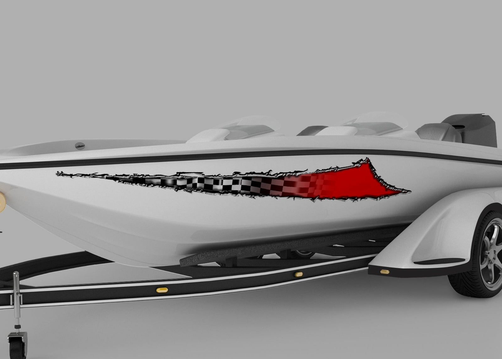 speed boat with checkered flag scratch tear decal on port side