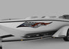 speed boat with checkers racing wing vinyl decal on port side