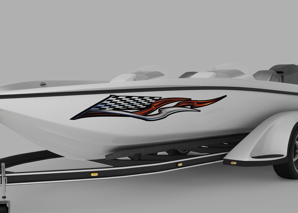 speed boat with checkers racing wing vinyl decal on port side
