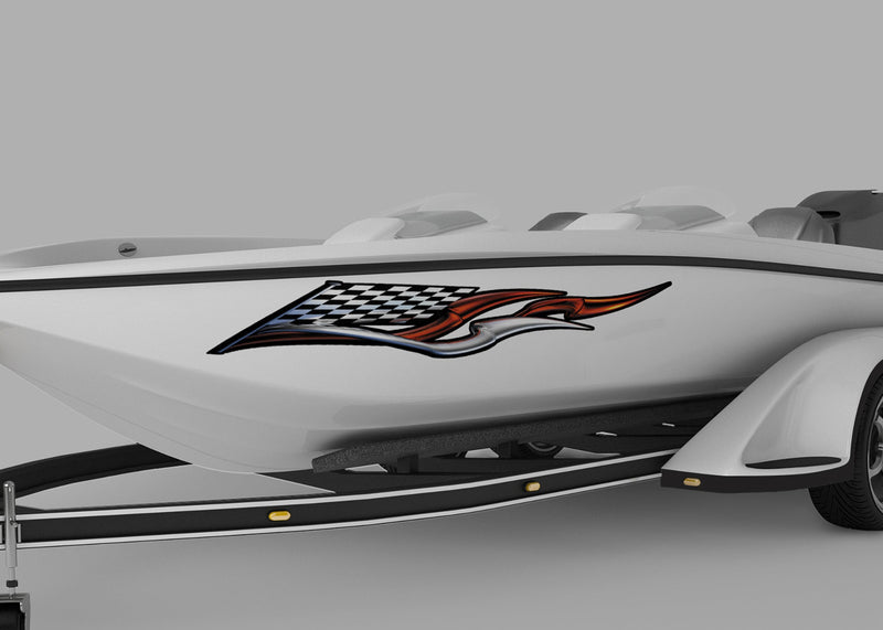speed boat with checkers racing wing vinyl decal on port side