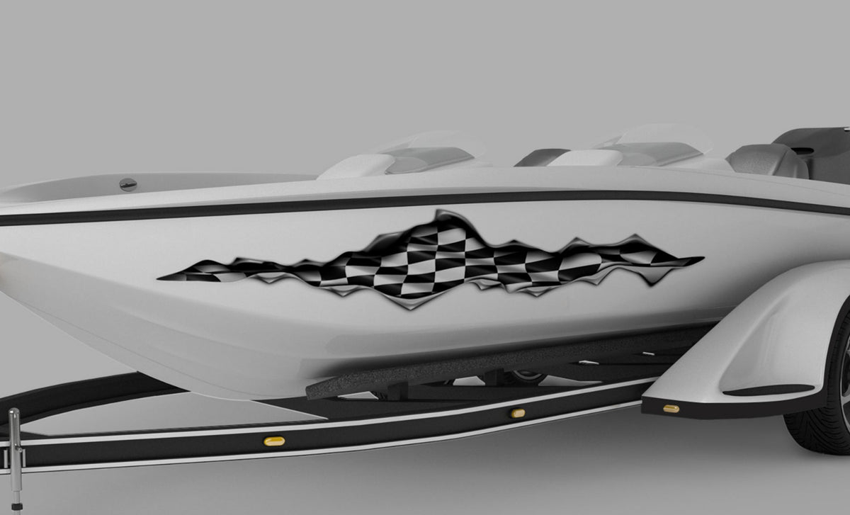 speed boat with checkers rip vinyl graphics on its side