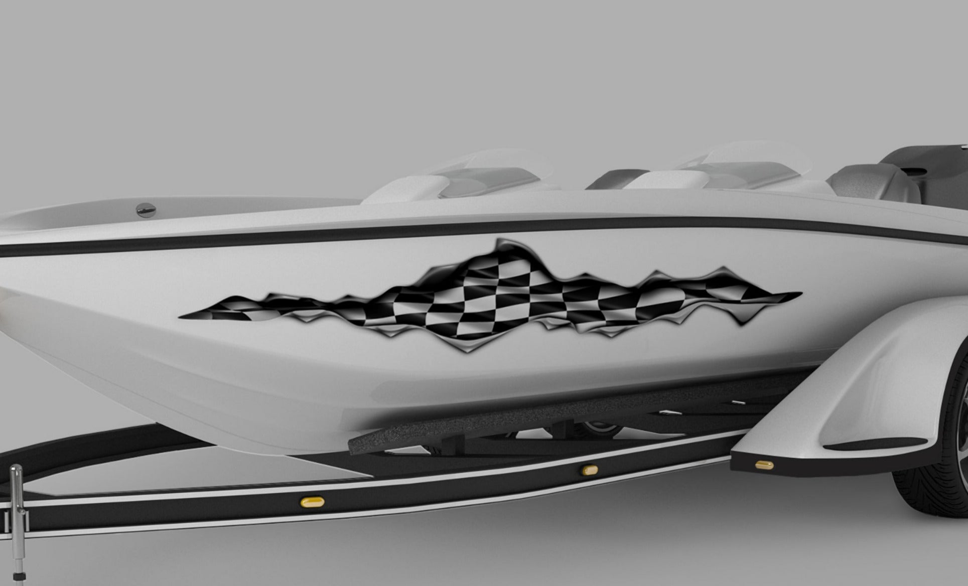 white boat with checkered flag rip vinyl decal on its side